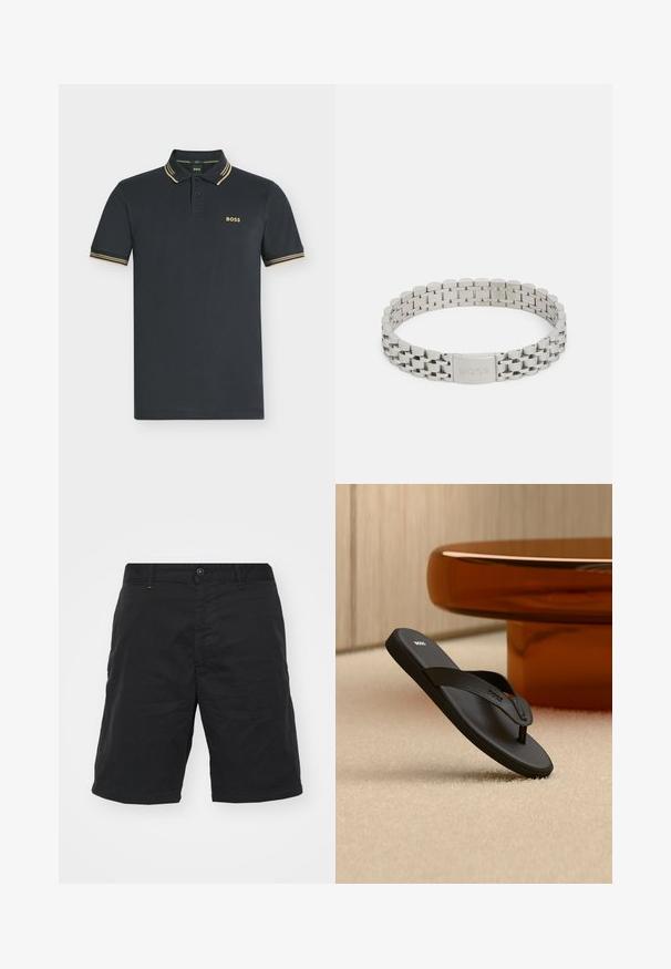 Mørk marineblå kortærmet polo med beige dobbelte striber på krave og ærmer, med "BOSS" logo på venstre bryst.; Sorte shorts lavet af letvægtsstof, med knaplukning, bæltestropper og lige snit. Simpelt design uden synlige mønstre.; Sort BOSS flip-flop sandal på et beige tæppe med et stort rundt bord i ravfarve i baggrunden.; Sølv rustfrit ståls armbånd med et linkdesign, prydet med en lås, der er graveret med "BOSS." Glat, poleret overflade med afrundede kanter.