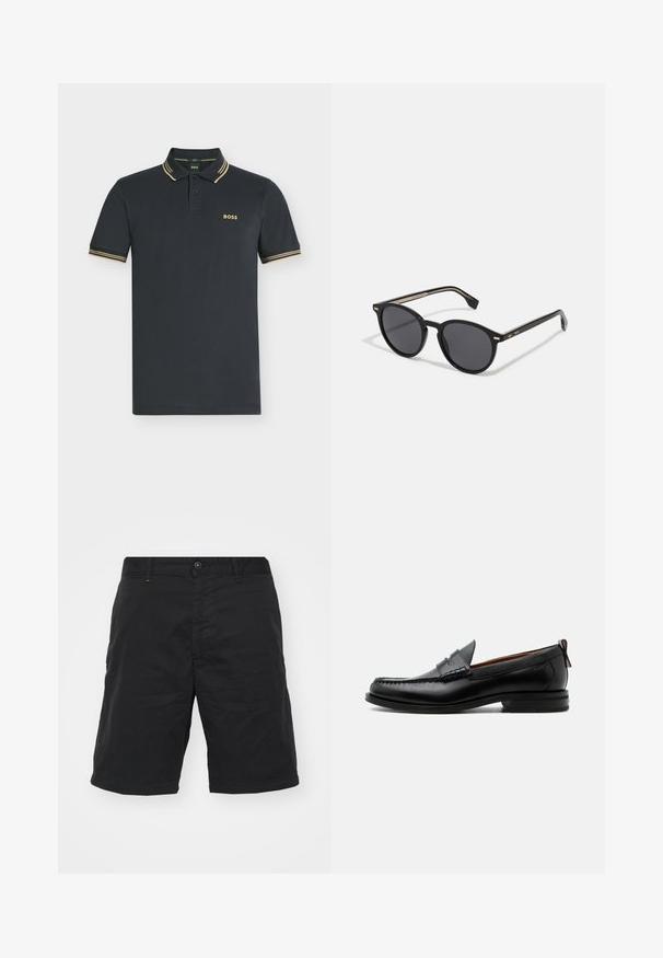 Mørk marineblå kortærmet polo med beige dobbelte striber på krave og ærmer, med "BOSS" logo på venstre bryst.; Sorte shorts lavet af letvægtsstof, med knaplukning, bæltestropper og lige snit. Simpelt design uden synlige mønstre.; Sort læder herre loafer med moc-tå syning, penny strop, struktureret krave og lav stablet hæl på hvid baggrund.; BOSS Solbriller - black