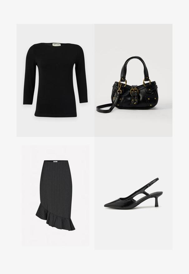Top de algodón negro de manga larga con escote barco y forma ajustada. Textura suave con un ligero brillo, sin patrones ni acentos distintivos.; Falda a rayas en blanco y negro con un dobladillo con volantes y diseño asimétrico, que presenta una silueta ajustada y una cinturilla para mayor comodidad.; Tacones de slingback negros con punta afilada, hechos de material brillante, que presentan acentos recortados y un tacón moderado para mayor soporte.; Bolso de cuero negro con hebilla y detalles de remaches dorados, asas cortas y una correa de hombro ajustable sobre un fondo blanco liso.