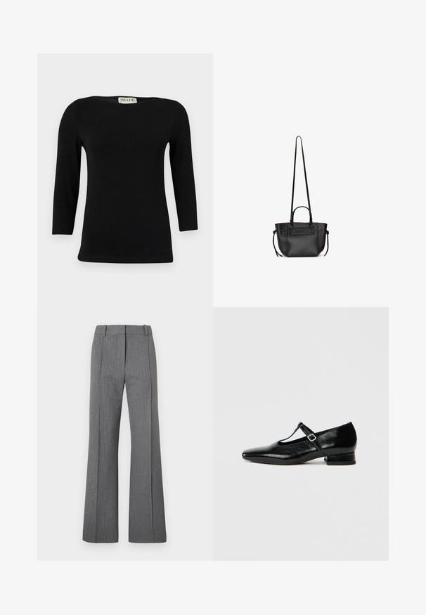 Top de algodón negro de manga larga con escote barco y forma ajustada. Textura suave con un ligero brillo, sin patrones ni acentos distintivos.; Pantalones acampanados grises con rayas finas, con frente plano, pasadores para cinturón y textura suave. Diseño de longitud completa con detalles de patrón sutiles.; Zapatos Mary Jane de cuero negro con punta puntiaguda, tacón pequeño de bloque y correa ajustable con hebilla plateada. Textura lisa y brillante.; Bolso de cuero negro con dos asas, una correa larga ajustable para el hombro y detalles con cordones a cada lado.
