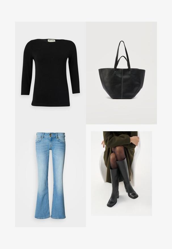 Schwarzes langärmliges Baumwolloberteil mit einem Bootsausschnitt und einer figurbetonten Form. Glatte Textur mit einem subtilen Glanz, ohne ausgeprägte Muster oder Akzente.; Hellblaue Jeans aus Denim mit ausgestelltem Bein und hoher Taille, ausgestattet mit einem klassischen Knopfverschluss, fünf Taschen und einem verwaschenen Look für einen Farbverlaufseffekt.; Knöchelhöhe schwarze Lederstiefel mit quadrater Spitze und Blockabsatz, gezeigt mit einem Modell, das einen olivgrünen Mantel trägt. Glatte Textur, minimale Details.; Schwarze Ledertasche mit zwei Griffen und kontrastierend weißer Naht, mit einer breiten, strukturierten Form und zentralen Nahtdetails.
