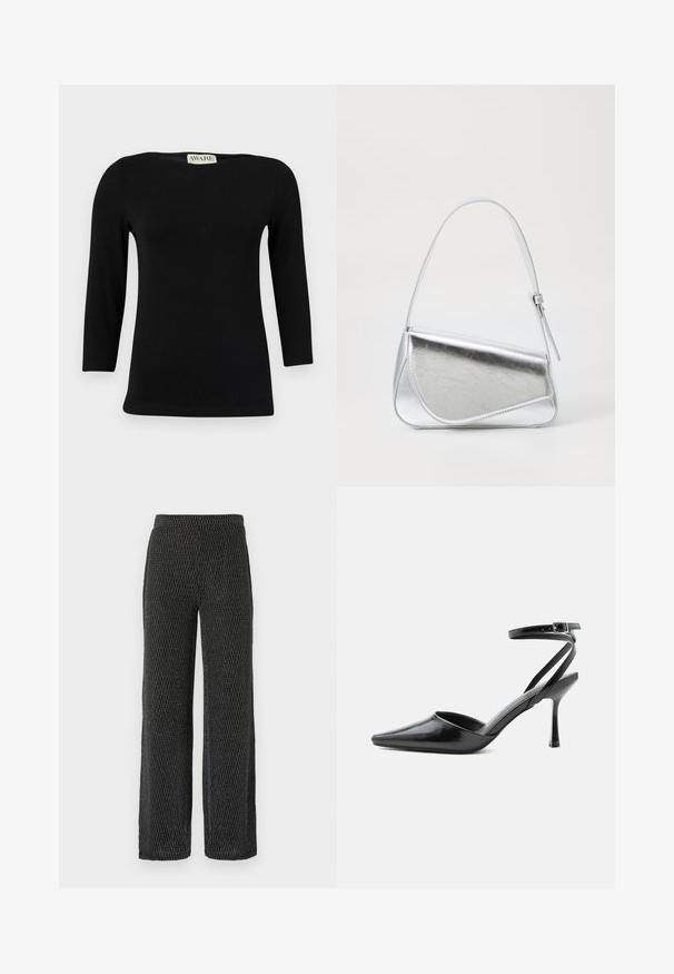 Top de algodón negro de manga larga con escote barco y forma ajustada. Textura suave con un ligero brillo, sin patrones ni acentos distintivos.; Pantalones de pierna ancha en punto negro texturizado con un patrón sutil. Cuentan con una cinturilla elástica y una tela suave y transpirable para mayor comodidad.; Zapato de tacón alto negro de punta fina con delgadas correas en el tobillo y cierre de hebilla plateada sobre un fondo liso claro.; Bolso de mano metálico plateado con forma triangular, textura suave y una fina correa de hombro ajustable. Presenta un diseño plegable con costuras.
