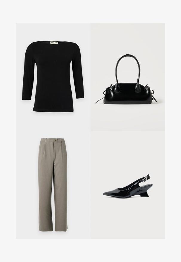 Top de algodón negro de manga larga con escote barco y forma ajustada. Textura suave con un ligero brillo, sin patrones ni acentos distintivos.; Pantalones de pierna ancha gris claro con una textura suave, que cuentan con pliegues frontales, cierre de botón y dos bolsillos laterales.; Zapato slingback de cuero charol negro con puntera puntiaguda y tacón bajo en bloque inclinado sobre fondo claro liso.; Pequeño bolso negro brillante con dos asas largas y detalles de cordón lateral sobre un fondo claro liso.