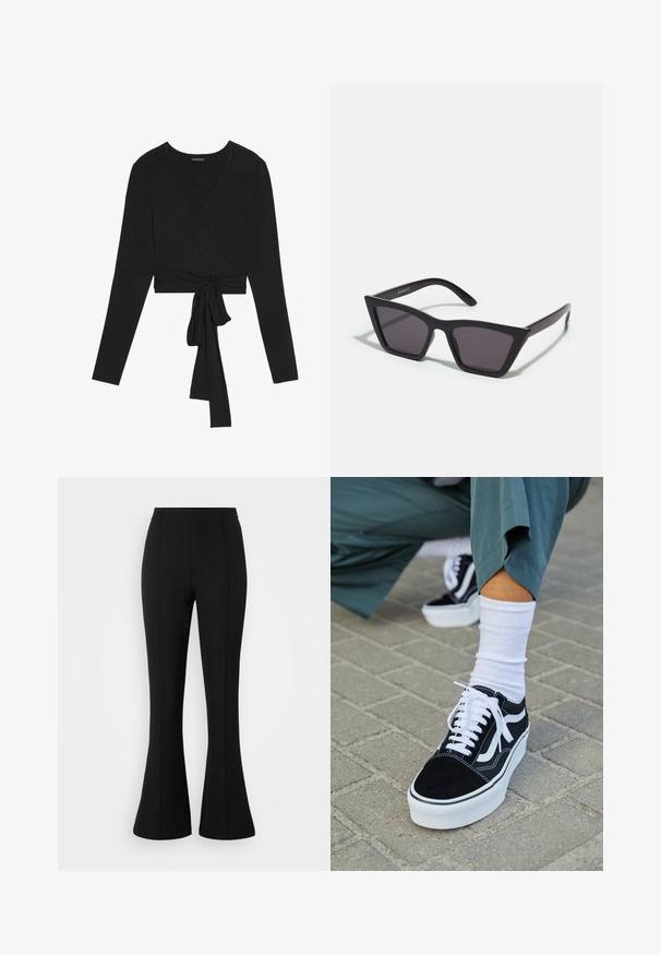 Even&Odd by Zalando T-shirt à manches longues - black; Pantalons évasés noirs fabriqués en tissu extensible, avec une texture lisse, taille haute et des coutures décoratives à l'avant.; Baskets en suède noir avec des accents et des lacets blancs, présentant une épaisse semelle blanche et des coutures contrastantes, associées à une chaussette blanche.; Lunettes noires angulaires avec des verres gris ; fabriquées en plastique, avec des branches épaisses à la surface lisse et sans matériel visible.