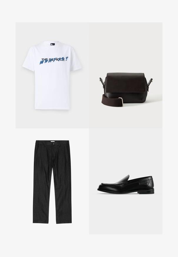 Witte katoenen t-shirt met korte mouwen; heeft grafische tekst in blauw en zwart met de tekst "THE WHAT IS?" over de borst. Zachte textuur.; Zwarte recht gesneden herensbroek met knoop aan de voorkant, ritssluiting en zijzakken, plat uitgestald op een witte achtergrond.; Zwarte leren instapschoen met lage hak, afgeronde neus en decoratieve stiksels langs de bovenrand.; Donkerbruine leren schoudertas met klepsluiting en verstelbare stoffen riem op witte achtergrond.