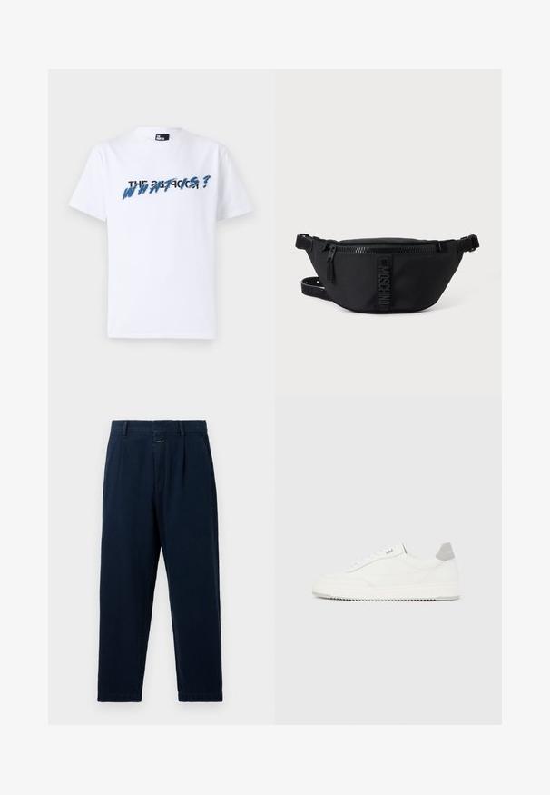 Λευκό βαμβακερό t-shirt με κοντά μανίκια; διαθέτει γραφιστικό κείμενο σε μπλε και μαύρο που αναγράφει "ΤΙ ΕΙΝΑΙ;" στο στήθος. Μαλακή υφή.; CLOSED BLOMBERG - Φαρδύ τζιν - dark blue; Λευκό αθλητικό παπούτσι χαμηλού ύψους με γκρι ταμπ εφφέ στη φτέρνα, λευκά κορδόνια και υφή στη σόλα, απεικονιζόμενο σε απλό ανοιχτόχρωμο φόντο.; Μαύρο τσαντάκι μέσης Moschino με φερμουάρ μπροστά και ρυθμιζόμενο λουρί σε απλό φωτεινό φόντο.