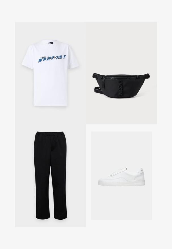 Witte katoenen t-shirt met korte mouwen; heeft grafische tekst in blauw en zwart met de tekst "THE WHAT IS?" over de borst. Zachte textuur.; Zwarte, halflange broeken met een elastische tailleband. Gemaakt van een soepel stof, met een ontspannen pasvorm en zonder zichtbare zakken of versieringen.; Witte lage sneaker met vetersluiting, glad leren bovenwerk en dikke zool, gezien vanuit de zijkant tegen een effen achtergrond.; Zwarte Moschino heuptas met rits aan de voorkant en verstelbare band op een egale lichte achtergrond.