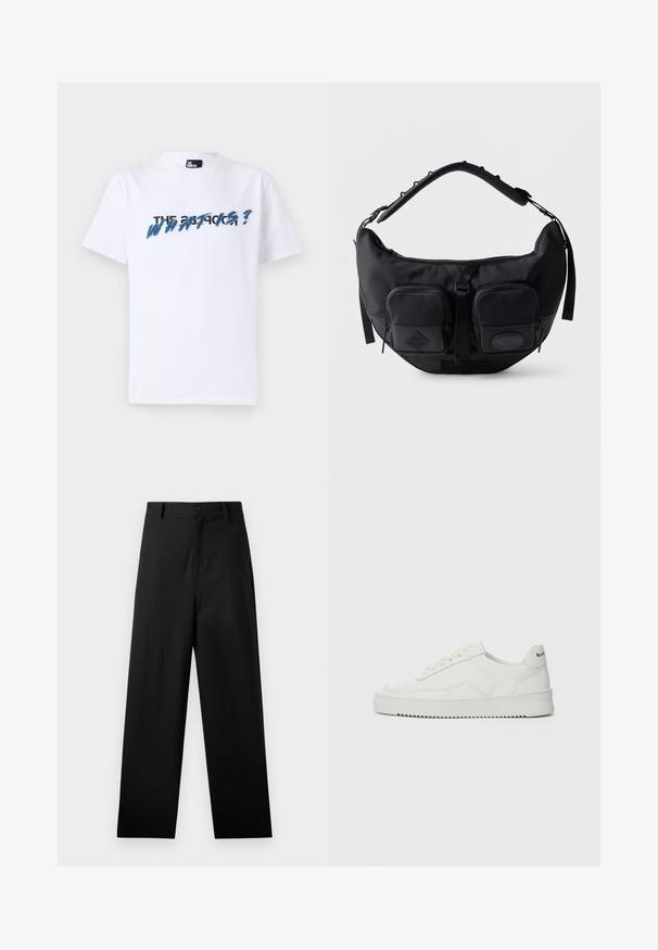 Witte katoenen t-shirt met korte mouwen; heeft grafische tekst in blauw en zwart met de tekst "THE WHAT IS?" over de borst. Zachte textuur.; Zwarte broek van katoen met een rechte pijpdesign, voorzien van een sluiting met een knoop aan de voorkant en zijzakken. Gladde textuur, geen patronen.; Witte leren sneaker met een gladde afwerking, ronde neus, platte veters en een gestructureerde zool. Kenmerkt zich door een subtiel logo op de hiel.; Zwarte schoudertas in halve maanvorm met gevoerde verstelbare riem en twee voorvakken met rits en trekbandjes.