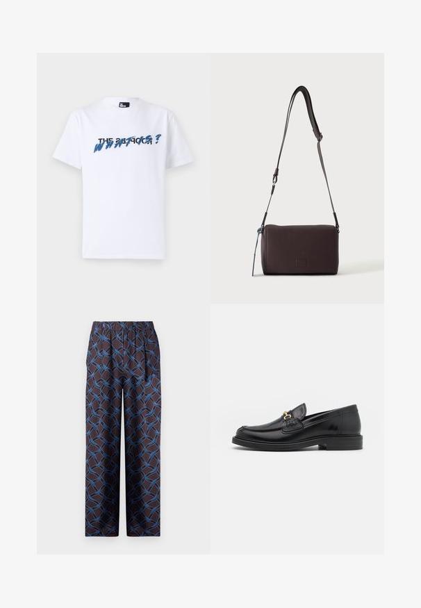 Witte katoenen t-shirt met korte mouwen; heeft grafische tekst in blauw en zwart met de tekst "THE WHAT IS?" over de borst. Zachte textuur.; Wijde broekspijpen in donkere stof, met een geweven blauw patroon. De elastische tailleband zorgt voor comfort. Glad textuur met geometrische accenten.; Zwarte leren instappers met een ronde neus, voorzien van een gouden hardware accent en stikdetails, geplaatst op een lage, getextureerde rubberen zool.; Donkerbruine gestructureerde leren crossbodytas met verstelbare riem en klein decoratief blauw accent aan de zijkant.