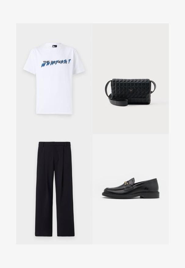 T-shirt en coton blanc à manches courtes ; présente un texte graphique en bleu et noir disant "QU'EST-CE QUE C'EST ?" sur la poitrine. Texture douce.; Pantalons à jambes larges en tissu noir, avec des plis à l'avant, une taille plate et des passants de ceinture. Texture lisse sans motifs ni accents visibles.; Mocassins en cuir noir avec un embout rond, présentant des accents en métal doré et des détails de couture, montés sur une semelle en caoutchouc texturé et basse.; Sac bandoulière noir texturé avec une fermeture à rabat et un petit logo en métal sur le devant, présenté sur un fond uni.