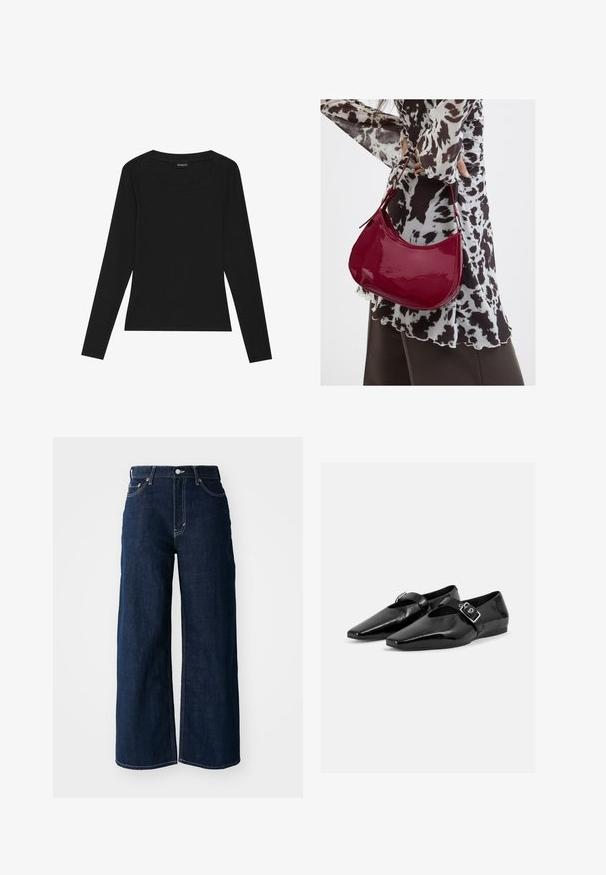 T-shirt noir à manches longues en maille côtelée avec un col rond et une silhouette ajustée. Le tissu a une texture lisse et une qualité extensible.; Jeans en denim bleu foncé à jambes larges avec des coutures contrastées, un design à cinq poches et une fermeture à bouton à la taille.; Paire de chaussures plates en cuir verni noir à bouts pointus avec une bride à boucle sur le dessus, montrée sur un fond clair uni.; Femme portant un chemisier à motif noir et blanc tenant un sac à main rouge brillant sur un fond uni.
