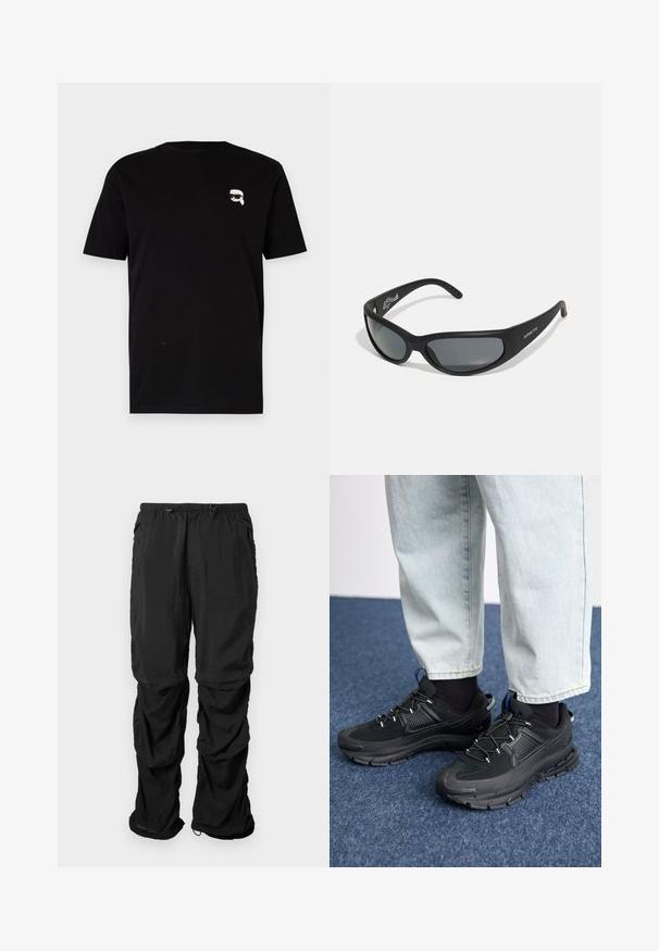 Sort bomulds t-shirt med korte ærmer, der har et lille hvidt grafisk motiv af en karakter med briller på venstre bryst. Klassisk crew neck design.; Sorte utilitybukser lavet af letvægtsstof har en elastisk talje, justerbare snore og sidelommer med en afslappet pasform.; Sorte træningssko med tekstureret stof og gummisåler, udstyret med elastiske snørebånd og en blå detalje på hælen. Bæres med lyse denimbukser.; Sorte solbriller med en buet ramme og mørke linser. Har en mat overflade og mærkenavnet "ARNETTE" på siden.