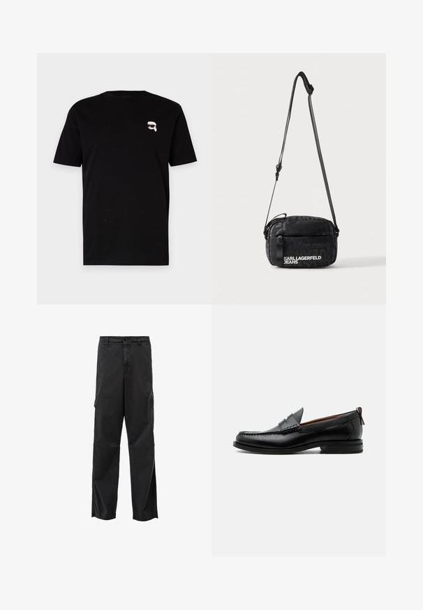Schwarzes Baumwoll-T-Shirt mit kurzen Ärmeln, das auf der linken Brust ein kleines weißes Grafik eines Charakters mit Brille zeigt. Klassisches Rundhals-Design.; Schwarze Cargo-Hosen mit geradem Schnitt, Knopfverschluss und Seitentaschen. Glatter Stoff mit mattem Finish und ohne sichtbare Muster.; Schwarzer Leder-Herrenschuh mit Mokassinnaht, Penny-Riemen, strukturiertem Kragen und niedrigem gestapeltem Absatz auf weißem Hintergrund.; Schwarze Umhängetasche mit verstellbarem Riemen und weißem Karl Lagerfeld Jeans Logo auf der Vordertasche vor hellem Hintergrund.