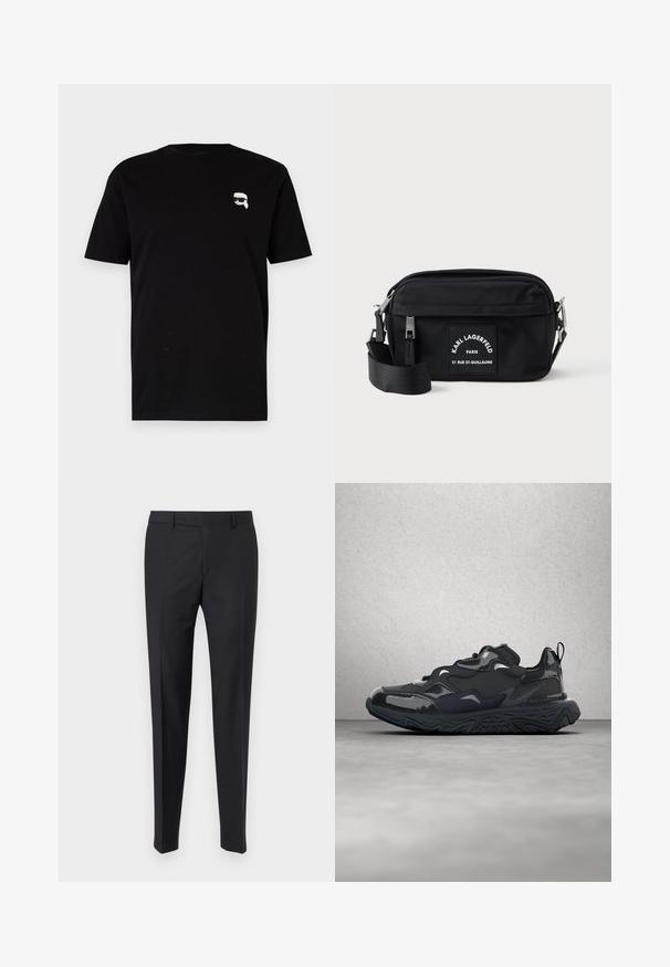 Sort bomulds t-shirt med korte ærmer, der har et lille hvidt grafisk motiv af en karakter med briller på venstre bryst. Klassisk crew neck design.; Sorte habitbukser med tætsiddende pasform, glat front og læg; lavet af glat stof med bæltestropper og lynlås.; Sort løbesko med tekstureret overdel, glatte detaljer og en chunky sål med bølgemønster, designet for komfort og holdbarhed.; Sort nylon crossbody taske med lynlås, justerbar rem og et hvidt mærke med teksten "Karl Lagerfeld Paris." Kompakt design.