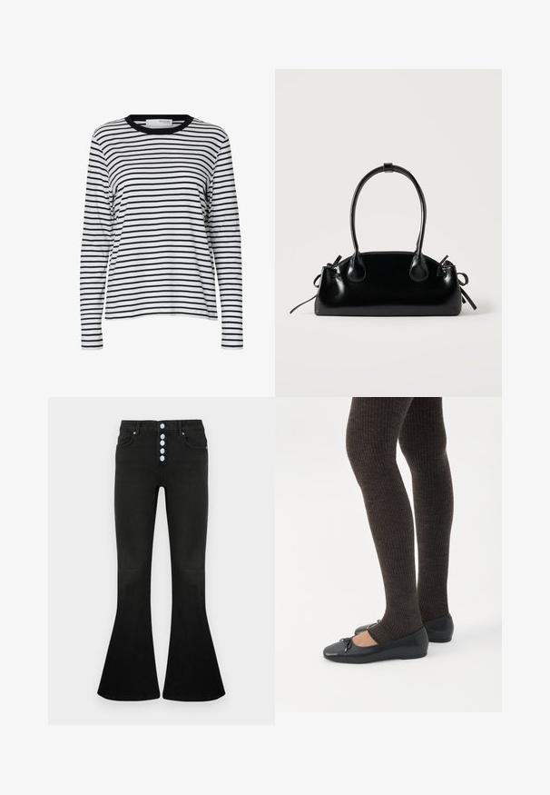 Hvid langærmet skjorte med sorte vandrette striber og en sort rund hals, vist på en ensartet hvid baggrund.; Sorte jeans med flare og høj talje, fem-knaps lukning, blød denimbeklædning og diskrete syningsdetaljer på lommer og syninger.; Ben iført mørke ribbede leggings kombineret med sorte balletsko med små sløjfedetaljer på hvid baggrund.; Lille sort blank håndtaske med to lange håndtag og snøre-detaljer i siden på en ensfarvet lys baggrund.