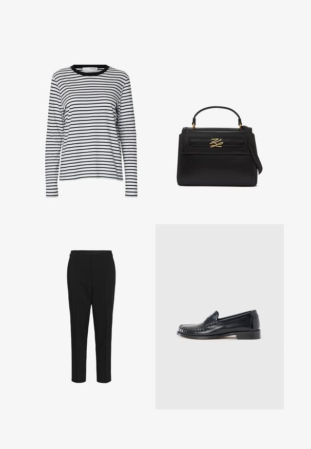 Hvid langærmet skjorte med sorte vandrette striber og en sort rund hals, vist på en ensartet hvid baggrund.; Sorte skræddersyede bukser med slim fit, der har flad front og ingen synlige lommer. Glat tekstur og ankellangt design.; Sort læderloafer med rundet tå, dekorative sting og lav blokhæl. Glat tekstur, minimale detaljer.; Sort læderhåndtaske med top-håndtag, justerbar skulderrem og guld dekorativt logo på frontklappen.