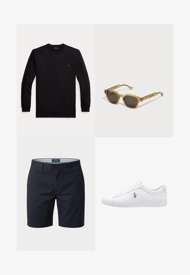 Sort langærmet T-shirt med rund halsudskæring, med lille rødt broderet logo på venstre bryst og ribstrikkede manchetter.; Marineblå Polo Ralph Lauren herreshorts med bæltestropper, forlommer og en stribet polstret linning på indersiden.; Hvide kanvas sneakers med lågtop design, prydet med en beige hælkappe og et lille broderet logo på siden. Gummisål.; Bourgunderrøde solbriller med geometrisk form, mørke linser, tykke transparente stel og prægede logoer på stængerne.