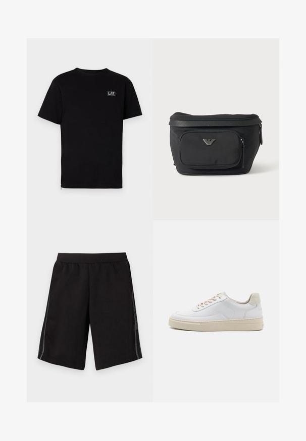 Camiseta de algodón negra con mangas cortas, escote redondo y un pequeño logo rectangular en el lado izquierdo del pecho. Diseño simple, sin patrones.; Pantalones cortos deportivos negros con cinturilla elástica, con paneles de malla lateral y un logo en la pierna izquierda. Textura de tela suave.; Zapatilla blanca con parte superior de cuero suave, cordones beige y un tirador de talón de ante beige texturizado. Suela elevada para mayor altura.; Riñonera negra con bolsillo frontal con cremallera y logo de águila plateado, tela lisa con ribete texturizado y tiradores de cremallera.