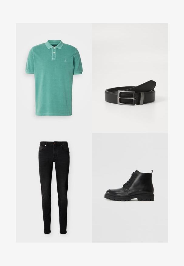 Polo shirt in teal, gemaakt van katoen met een klassieke kraag, een knoopsluiting met twee knopen en een klein logo aan de linkerkant van de borst.; Zwarte skinny-fit jeans met vijf zakken, knoopsluiting en riemlussen, weergegeven op een effen lichtgrijze achtergrond.; Zwarte leren enkellaarzen met een ronde neus, vetersluiting aan de voorkant en een gestructureerde rubberen zool. Voorzien van een trekband op de hak voor eenvoudig aan- en uittrekken.; Zwarte leren riem met een zilveren metalen gesp, met een gladde afwerking en een klassiek ontwerp. De riem is netjes opgevouwen.