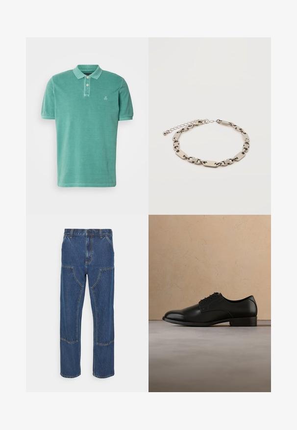 Polo shirt in teal, gemaakt van katoen met een klassieke kraag, een knoopsluiting met twee knopen en een klein logo aan de linkerkant van de borst.; Blauwe spijkerbroek met een rechte pijp, voorzakken en contrasterende stiksels. De stof heeft een klassieke textuur en afwerking.; Zwarte leren nette schoen zwevend boven een beige geweven kleed, met een ronde houten salontafel en gestapelde boeken op de achtergrond in zachte focus.; Zilverkleurige metalen armband met afwisselend rechthoekige en ovale schakels, verstelbare sluiting met kleine ronde bedel op witte achtergrond.
