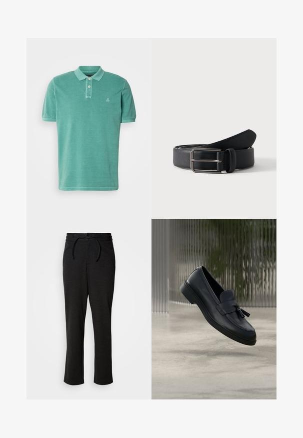 Teal värvi polo särk, valmistatud puuvillast, klassikalise krae, kahe nööbiga nööpaua ja väikese logoga vasakpoolsel rinnal.; Mustad lõngast valmistatud püksid, millel on stringiga vöökoht, sirged sääred ja küljetaskud. Pehme tekstuur ja sile viimistlus.; Mustad nahast mokassiinid, millel on sile pind, ümar nina ja esiküljel dekoratiivsed tutid. Painduv kummist tald madala kontsaga.; Mustast nahast vöö, millel on ristkülikukujuline hõbedane metallist pandla, heledal ühtlasel taustal.