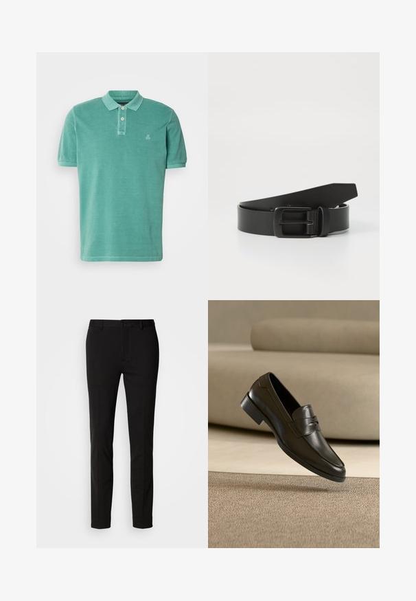 Polo skjorte i teal, lavet af bomuld med klassisk krave, to-knaps lukning og et lille logo på venstre side af brystet.; Sorte bukser med slim fit, der har knaplukning og bæltestropper. Lavet af glat stof med en let glans, uden synlige mønstre.; Sort lædersko med slip-on design, svævende over beige tæppe med beige sofa i baggrunden, der fremhæver klassisk herrestil.; Sort læderbælte med spænde i mat sort metal, der har en glat tekstur og enkelt design. Justerbar længde med en tilspidset ende.