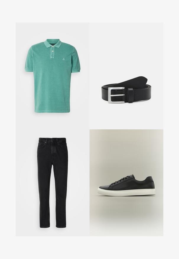 Polo skjorte i teal, lavet af bomuld med klassisk krave, to-knaps lukning og et lille logo på venstre side af brystet.; Sorte denim jeans med lige ben-design, med knap- og lynlåslukning, forlommer og subtile teksturer.; Sort lavtop sneakersko med hvid gummisål og sorte snørebånd, vist i sideprofil mod en neutral baggrund.; Sort læderbælte med en glat overflade, sølv rektangulær spænde og en løkke til enden. Har pæne stikninger langs kanterne.