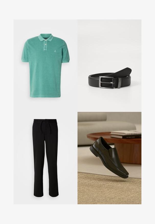 Polo skjorte i teal, lavet af bomuld med klassisk krave, to-knaps lukning og et lille logo på venstre side af brystet.; Sorte sweatpants med snor i taljen, lavet af blødt og strækbart stof. Har en afslappet pasform med lige ben og uden synlige lommer.; Sort slips-på-klædeskost i læder svævende over beige vævet tæppe med rundt træ-sofabord og stabler af bøger i baggrunden.; Sort læderbælte med en sølvmetal spænde, der har en glat overflade og et klassisk design. Bæltet er pænt foldet.
