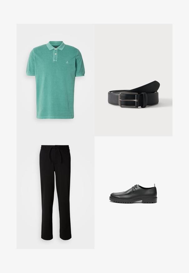 Polo shirt in teal, gemaakt van katoen met een klassieke kraag, een knoopsluiting met twee knopen en een klein logo aan de linkerkant van de borst.; Zwarte joggingbroek met een elastische tailleband en trekkoord, gemaakt van zachte, rekbare stof. Heeft een relaxte pasvorm met rechte pijpen en geen zichtbare zakken.; Zwarte lederen schoenen met een gladde afwerking, ronde neus en decoratieve stiksels. Beschikt over een rubberen zool met tractiegrepen en een vetersluiting.; Zwarte leren riem opgerold met een rechthoekige zilveren metalen gesp op een effen lichte achtergrond.