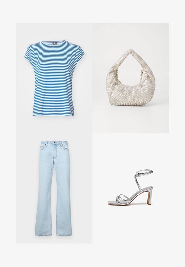 Camiseta de manga corta a rayas azules y blancas con cuello redondo. Material de algodón suave, corte relajado y aberturas laterales para facilitar el movimiento.; Jeans acampanados de color azul claro hechos de denim, con cinco bolsillos, cierre de botón en la parte delantera y detalles de costura. Textura suave, diseño casual.; Sandalias de tacón alto plateadas con punta cuadrada, tira delgada en el tobillo y tiras en la parte delantera. Acabado metálico suave con un tacón cuadrado de 7,5 cm.; Bolso de malla plateada con forma redondeada, acabado texturizado y un asa curvada. Presenta detalles de cadena y un cuerpo suave y recogido.