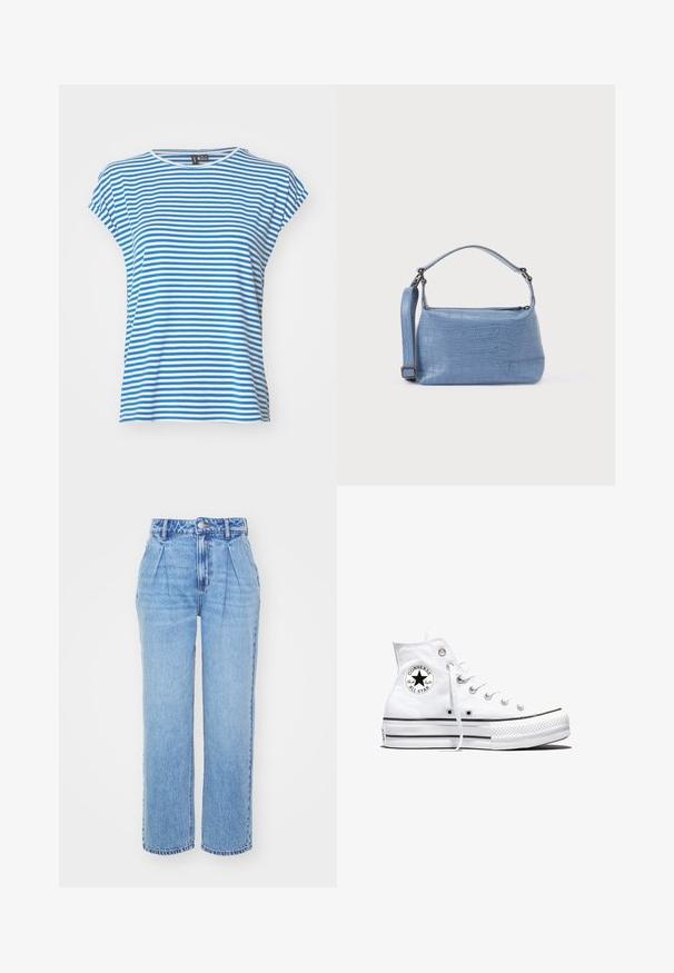 Blå og hvid stribet kortærmet T-shirt med rund hals. Blødt bomuldsstof, afslappet pasform og sideslidser for nem bevægelse.; Lyseblå denimjeans med høj talje, brede ben og frontfolder. Har typisk syning og en knaplukning i taljen.; Hvid højtop Converse Chuck Taylor All Star-sneaker med sort logo-patch og hvide snørebånd, vist på hvid baggrund.; Lyseblå taske med krokodillepræg, kort håndtag og aftagelig skulderrem. Glat tekstur med lynlås.
