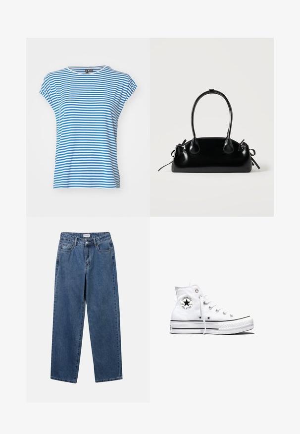 Blauw-wit gestreepte T-shirt met korte mouwen en ronde hals. Zachte katoenen stof, ontspannen pasvorm en zijsplitten voor gemakkelijke bewegingsvrijheid.; Klassieke blauwe denim jeans met een rechte pijp, vijf zakken en een knoopsluiting. Heeft een middelgrote wasbeurt en stevige textuur.; Witte hoge Converse Chuck Taylor All Star sneaker met zwart logopatch en witte veters, weergegeven op een witte achtergrond.; Kleine zwarte glanzende handtas met twee lange hengsels en zijkant trekkoord details op een effen lichte achtergrond.