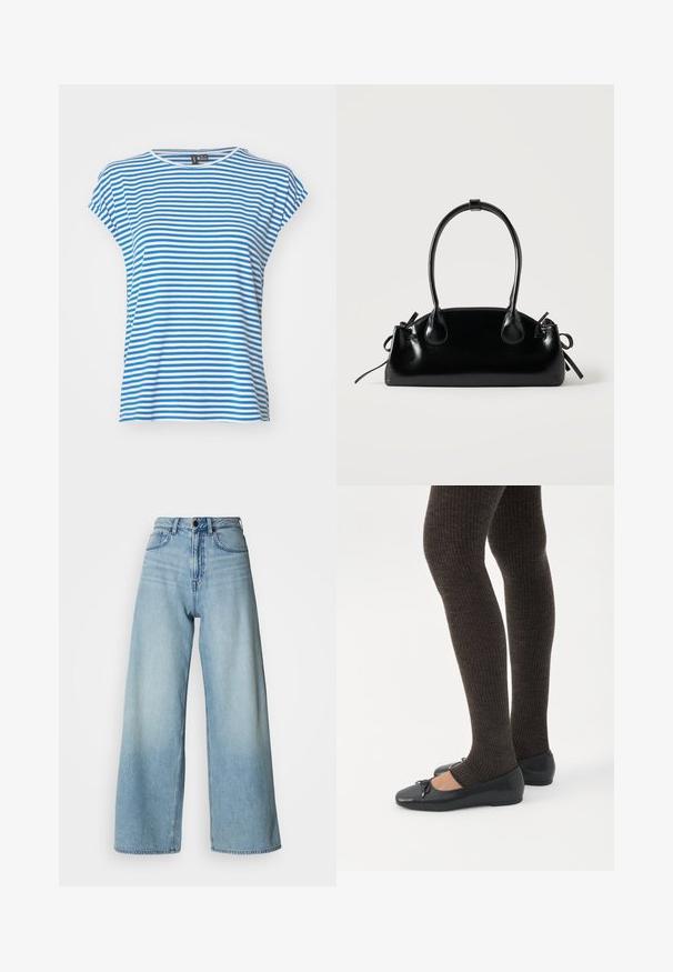 Camiseta de manga corta a rayas azules y blancas con cuello redondo. Material de algodón suave, corte relajado y aberturas laterales para facilitar el movimiento.; Jeans de mezclilla azul claro de talle alto y pierna ancha, con diseño de cinco bolsillos y sutiles desgastes para dar textura.; Piernas con leggings oscuros acanalados combinados con bailarinas negras que presentan pequeños detalles de lazo sobre un fondo blanco.; Pequeño bolso negro brillante con dos asas largas y detalles de cordón lateral sobre un fondo claro liso.