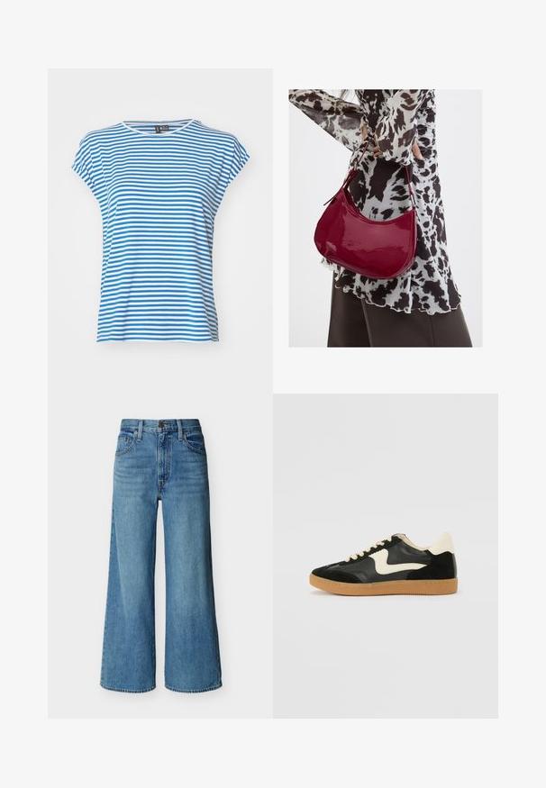 Gestreiftes T-Shirt in Blau und Weiß mit kurzen Ärmeln und Rundhalsausschnitt. Weiches Baumwollmaterial, lässige Passform und seitliche Schlitze für Bewegungsfreiheit.; Blaue High-Waist-Jeans mit weitem Bein, vorderer Knopf- und Reißverschluss, Gürtelschlaufen und Fünf-Taschen-Design auf weißem Hintergrund.; Schwarze Wildleder- und Leder-Sneaker mit einem cremefarbenen Seiten-Swoosh und einer hellcremefarbenen Ferse. Ausgestattet mit beige Schnürsenkeln und einer Gummilaufsohle.; Frau trägt eine schwarz-weiß gemusterte Bluse und hält eine glänzende rote Schultertasche vor einem einfarbigen Hintergrund.
