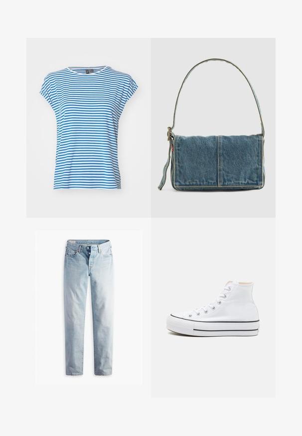 Camiseta de manga corta a rayas azules y blancas con cuello redondo. Material de algodón suave, corte relajado y aberturas laterales para facilitar el movimiento.; Jeans de mezclilla azul claro con diseño de pierna recta, cinco bolsillos y cierres de botones metálicos en una pretina estándar.; Zapatillas altas blancas de material de lienzo, con suela de goma negra y una franja negra en el mediopie. Punta circular y diseño de cordones.; Bolso de hombro de denim con un diseño plegable, color azul claro, costuras visibles, correa ajustable y un acento de etiqueta lateral.