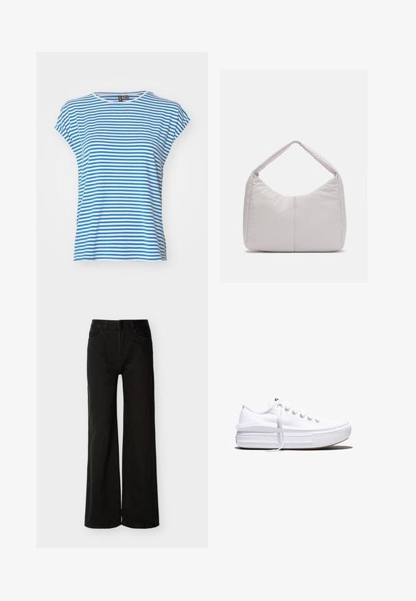 Camiseta de manga corta a rayas azules y blancas con cuello redondo. Material de algodón suave, corte relajado y aberturas laterales para facilitar el movimiento.; Vaqueros de mezclilla negros de cintura alta y pierna ancha con cierre frontal de botones y cremallera, bolsillos delanteros y traseros, mostrados sobre fondo blanco.; Zapatilla blanca de lona de perfil bajo con suela gruesa de plataforma, cierre de cordones en el frente y puntera de goma texturizada, mostrada de perfil.; Bolso de hombro acolchado en gris claro con forma curvada, que cuenta con un asa sencilla y una superficie lisa y texturizada. Diseño simple sin hardware adicional.