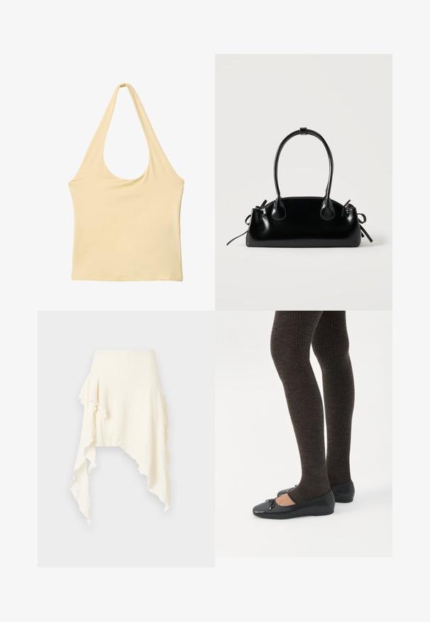 Haut sans manches beige clair à col halter profond avec un corsage ajusté sur fond blanc.; Jupe asymétrique blanche ivoire avec tissu texturé et ourlet froufrouté, irrégulier, plus long sur les côtés.; Jambes portant des leggings côtelés foncés associés à des ballerines noires avec de petits détails en nœud sur fond blanc.; Petit sac à main noir brillant avec deux longues anses et des détails à cordon sur les côtés sur un fond clair uni.