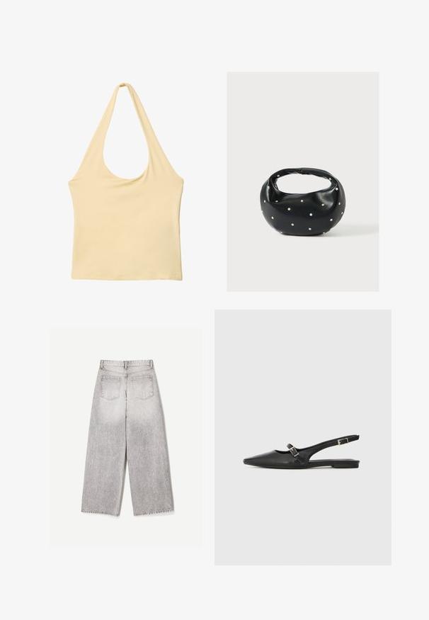 Haut sans manches beige clair à col halter profond avec un corsage ajusté sur fond blanc.; Jean gris clair à jambes larges, taille haute avec deux poches arrière, vu de dos sur un fond blanc uni.; Chaussures slingback en cuir noir avec un bout pointu, comprenant une lanière étroite et un accent de boucle argentée sur le côté. Semelle plate.; Sac à main en cuir noir de forme arrondie, décoré de clous argentés et équipé d'une poignée courte. Texture lisse et fermeture éclair.
