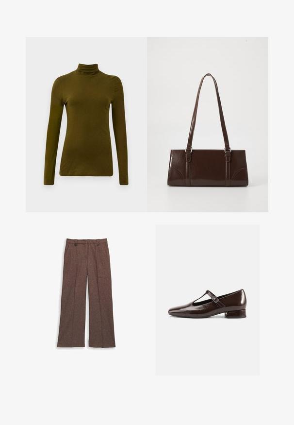 Langærmet, olivengrøn turtleneck-top lavet af blødt stof, med en tætsiddende silhuet og et slankt, minimalistisk design.; Brune wide-leg bukser lavet af tekstureret stof. Har to frontlommer og en skræddersyet pasform med to knapper i taljen.; Brune Mary Jane-sko i laklæder med en rundet tå, udskæringsdesign og justerbar rem. Lav blokhæl.; Brun lakeret håndtaske med rektangulær form, to lange håndtag og subtile buede detaljer på fronten.