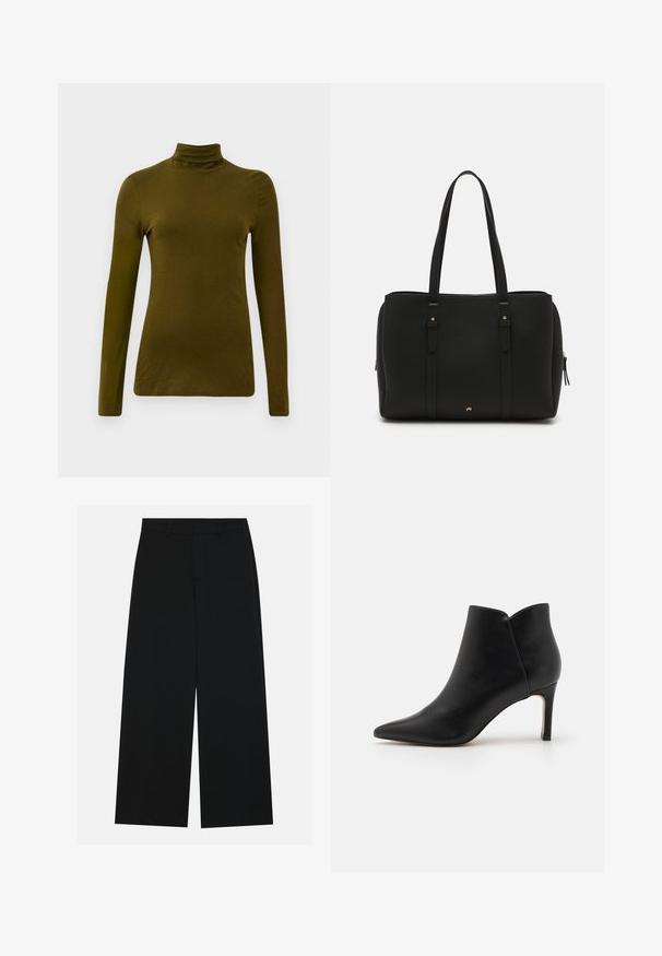 Langærmet, olivengrøn turtleneck-top lavet af blødt stof, med en tætsiddende silhuet og et slankt, minimalistisk design.; Breddebenede sorte bukser lavet af et glat stof. Har en flad talje med bæltestropper og ingen synlige lommer. Simpelt design.; Sorte læder ankelstøvler med spidse tæer, smal design og stiletthæl, der har en unik bølgeformet åbning ved anklen.; Sort tote bag lavet af tekstureret læder, med to lange håndtag, lynlås lukning og diskrete guldfarvede detaljer på hardware.