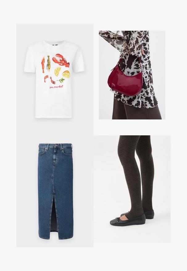 Hvid bomulds T-shirt med et trykt design af røde hummer, rejer og citron skiver, samt teksten "sea market" i rød.; Denim blyantskirt i mellemblå med en frontslids, klassisk fem-lomme design og knaplukning i taljen. Glat tekstur.; Ben iført mørke ribbede leggings kombineret med sorte balletsko med små sløjfedetaljer på hvid baggrund.; Kvinde iført en sort- og hvidmønstret bluse, der holder en blank rød skuldertaske mod en ensfarvet baggrund.