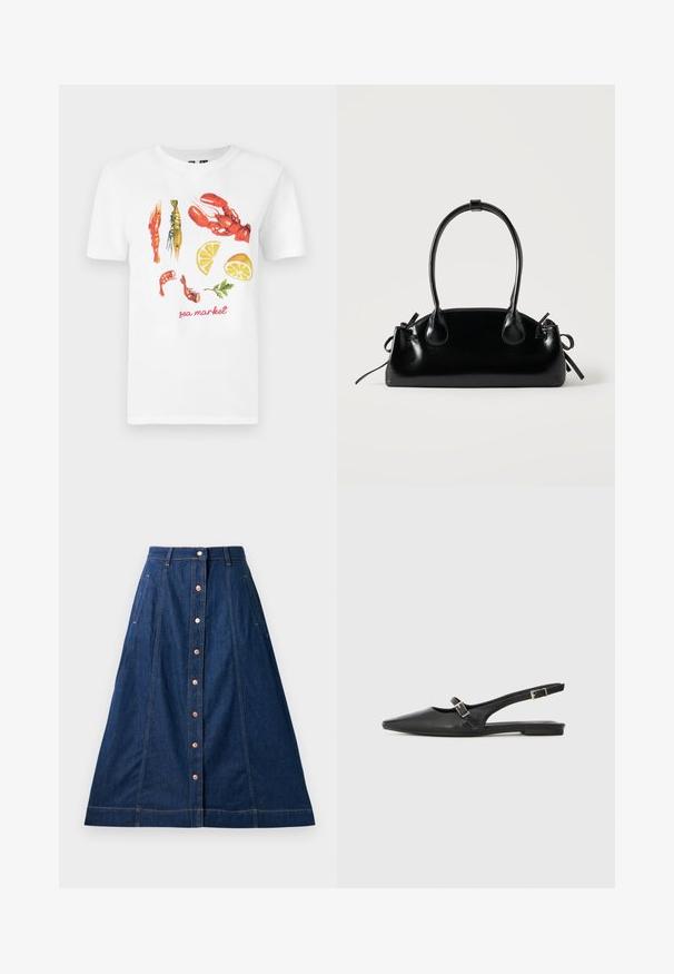 Camiseta blanca de algodón con un diseño impreso de langostas rojas, gambas y rodajas de limón, con el texto "mercado del mar" en rojo.; Falda de mezclilla en forma de A en azul oscuro con cierre de botones en el frente, que cuenta con bolsillos, costuras en contraste y longitud a media pantorrilla.; Zapatos slingback de cuero negro con punta afilada, que cuentan con una correa estrecha y un detalle de hebilla plateada en el lateral. Suela plana.; Pequeño bolso negro brillante con dos asas largas y detalles de cordón lateral sobre un fondo claro liso.