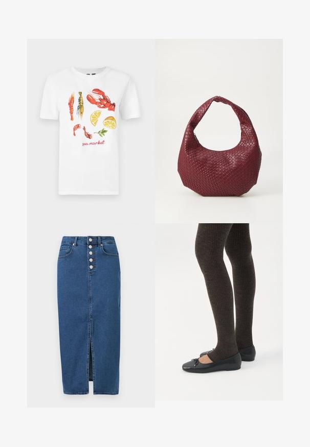Witte katoenen t-shirt met een gedrukte afbeelding van rode kreeften, garnalen en schijfjes citroen, met de tekst "zeemarkt" in het rood.; Blauwe spijkerbroek midi-rok met voorzijde split, knoopsluiting en ontwerp met vijf zakken.; Benen met donkere geribbelde leggings gecombineerd met zwarte ballerina's met kleine strikdetails op een witte achtergrond.; Geweven bordeaux handtas met een afgeronde silhouet, een enkele handgreep en een gestructureerde afwerking. Ritssluiting aan de bovenkant.