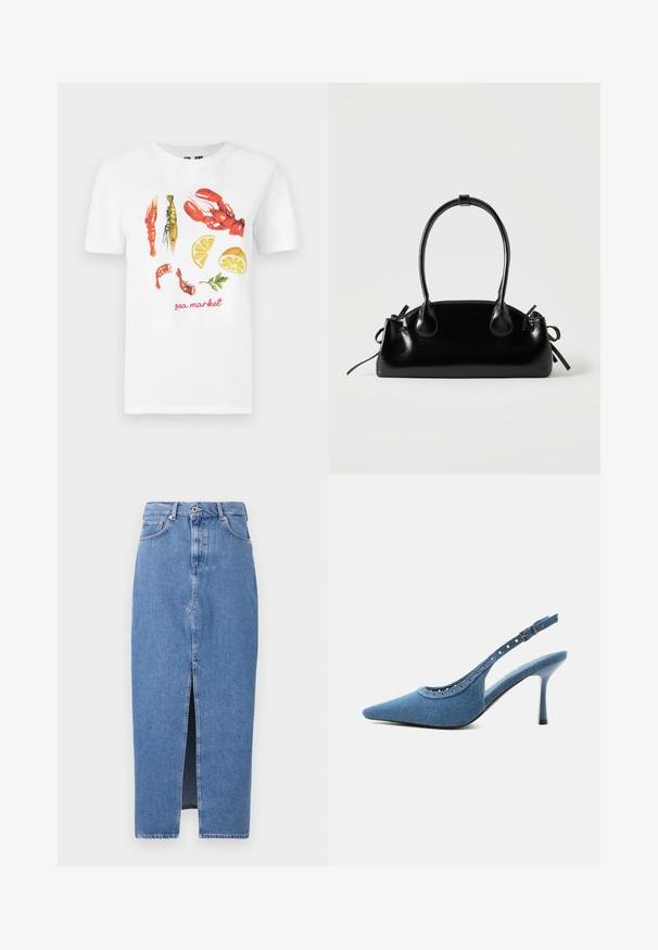Hvid bomulds T-shirt med et trykt design af røde hummer, rejer og citron skiver, samt teksten "sea market" i rød.; Lyseblå denim midi-nederdel med en frontslids, klassisk fem-lomme design og lukning med topknap. Stoffet har en let struktur.; Blå denim spids tå slingback sko med høj hæl, sølv øjendesign og justerbar spænde.; Lille sort blank håndtaske med to lange håndtag og snøre-detaljer i siden på en ensfarvet lys baggrund.