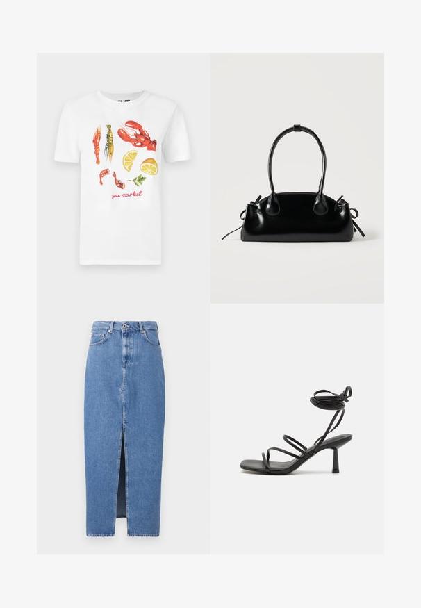 Witte katoenen t-shirt met een gedrukte afbeelding van rode kreeften, garnalen en schijfjes citroen, met de tekst "zeemarkt" in het rood.; Lichtblauwe denim midi-jurk met een voorkant split, klassieke vijf zakken ontwerp en sluiting met bovenste knoop. De stof heeft een lichte textuur.; Zwarte bandjes sandaal met een vierkante neus, verstelbare enkelbandjes en een slanke blokhak. Gemaakt van een glad, duurzaam materiaal.; Kleine zwarte glanzende handtas met twee lange hengsels en zijkant trekkoord details op een effen lichte achtergrond.