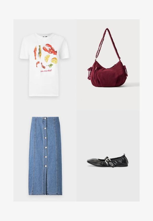 Camiseta blanca de algodón con un diseño impreso de langostas rojas, gambas y rodajas de limón, con el texto "mercado del mar" en rojo.; Falda de mezclilla en azul claro con una silueta recta. Presenta un cierre de botones en la parte frontal, costuras verticales y un dobladillo deshilachado en la parte inferior.; Zapato plano de piel negra con puntera afilada, detalle fruncido alrededor de la abertura y un acento de hebilla plateada en la correa ajustable.; Bolso de hombro de pana en color granate suave con correa ajustable, cierre de cremallera, lazos laterales y un bolsillo delantero con cremallera.
