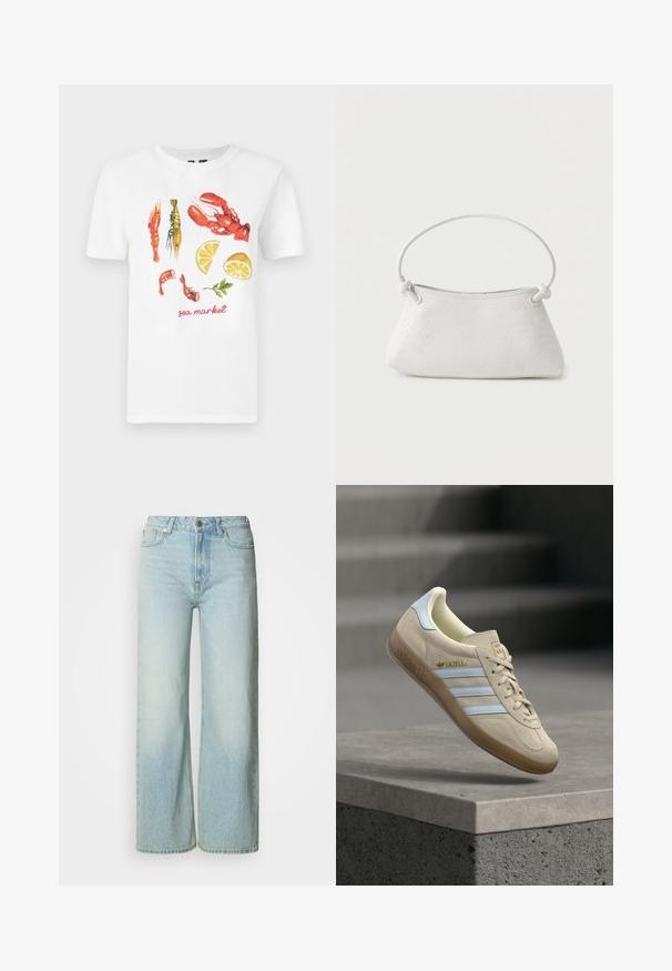 Hvid bomulds T-shirt med et trykt design af røde hummer, rejer og citron skiver, samt teksten "sea market" i rød.; Lyseblå denim bukser med vide ben i en falmet vask, fem-lomme design og metalknaplukning i taljen. Ren, lige skåret form.; Beige ruskindssneaker med lyseblå striber, med en gum-sål, gyldent "Gazelle"-logo og klassisk snøredesign på en grå overflade.; Hvid fletlæderhåndtaske med afrundet håndtag og ender på remmen, der er knyttet, vist mod en ensfarvet baggrund.
