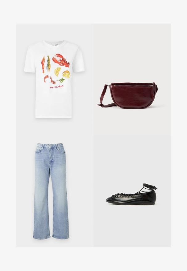 Camiseta blanca de algodón con un diseño impreso de langostas rojas, gambas y rodajas de limón, con el texto "mercado del mar" en rojo.; Jeans de pernera ancha en azul claro, confeccionados en denim, con una cinturilla de talle alto, cinco bolsillos y un dobladillo con desgastes sutiles.; Zapatos planos tipo ballet de charol negro con punta redondeada, diseño con cordones y suela plana. Textura lisa con detalles mínimos.; Bolso de mano de cuero granate con forma de media luna, cierre de cremallera y una correa desmontable. Textura suave con un brillo sutil.