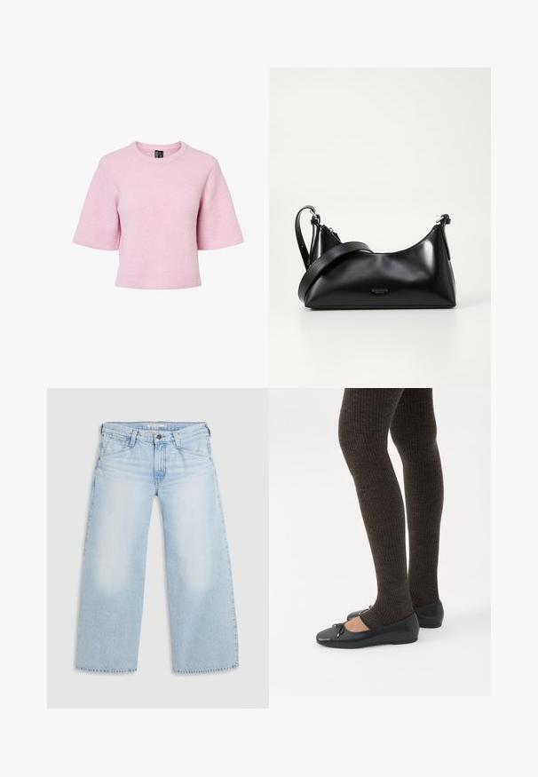 Kortærmet, lyserød strikket pullover med ribbet struktur og rund halsudskæring, der har en afslappet pasform og en cropped kant.; Lyseblå vid nederdel jeans lavet af denim. Har lige snit, fem lommers design og knaplukning i taljen.; Ben iført mørke ribbede leggings kombineret med sorte balletsko med små sløjfedetaljer på hvid baggrund.; Sort læderhåndtaske med en glat tekstur. Har en justerbar stropp og et enkelt, minimalistisk design med lynlås.
