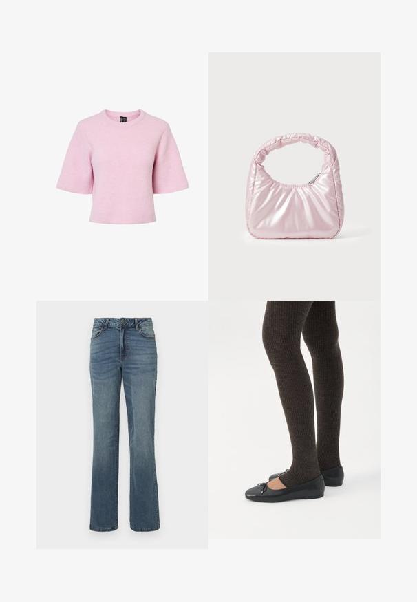 Kurzärmeliger, rosa gestrickter Pullover mit geripptem Muster und rundem Ausschnitt, der eine lockere Passform und einen gekürzten Saum aufweist.; Blaue gerade geschnittene Denim-Jeans mit vorderem Knopf- und Reißverschluss, vorderen und hinteren Taschen sowie dezenten verblassten Details.; Beine in dunklen, gerippten Leggings kombiniert mit schwarzen Ballerinas mit kleinen Schleifendetails auf weißem Hintergrund.; Rosa, gepolsterte Handtasche mit abgerundeter Form, aus glänzendem Material gefertigt. Verfügt über einen gerafften Griff und einen Reißverschluss für sicheren Zugang.